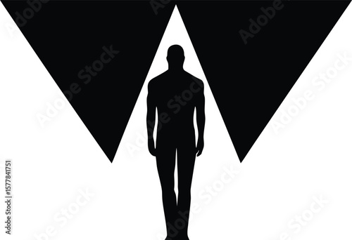 A solitary mans silhouette stands against a stark white background with sharp geometric shapes