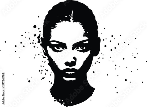 A striking black and white portrait of a womans face with artistic paint splatter effects