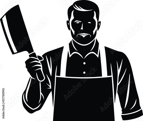 A butcher holding a large cleaver, wearing an apron, isolated on white background