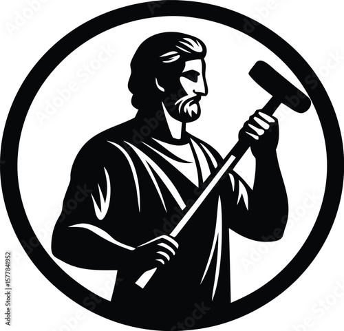 A classical sculptor with a hammer, isolated on white background