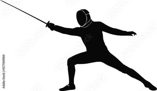 A fencer in action with a sword, isolated on white background