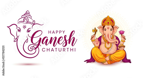 colorful sitting ganesha illustration with lotus modak axe and blessing hand pose for happy ganesh chaturthi celebration banner and spiritual festival decoration use