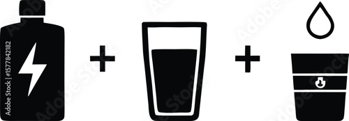 An energy drink bottle, a glass of liquid, and a cup with a droplet, symbolizing a mix