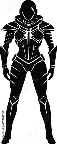 A female warrior in futuristic armor stands ready for battle, isolated on white