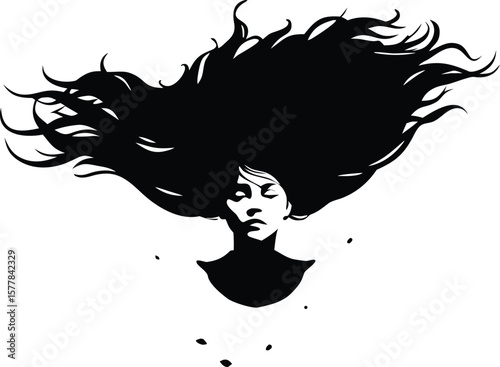 A womans face emerges from a cascade of flowing black hair on a white background