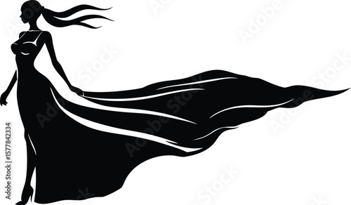 Elegant woman in a flowing gown with a long train, isolated on white