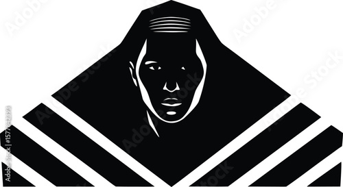 A mans face is centrally featured within a bold, angular black and white geometric design