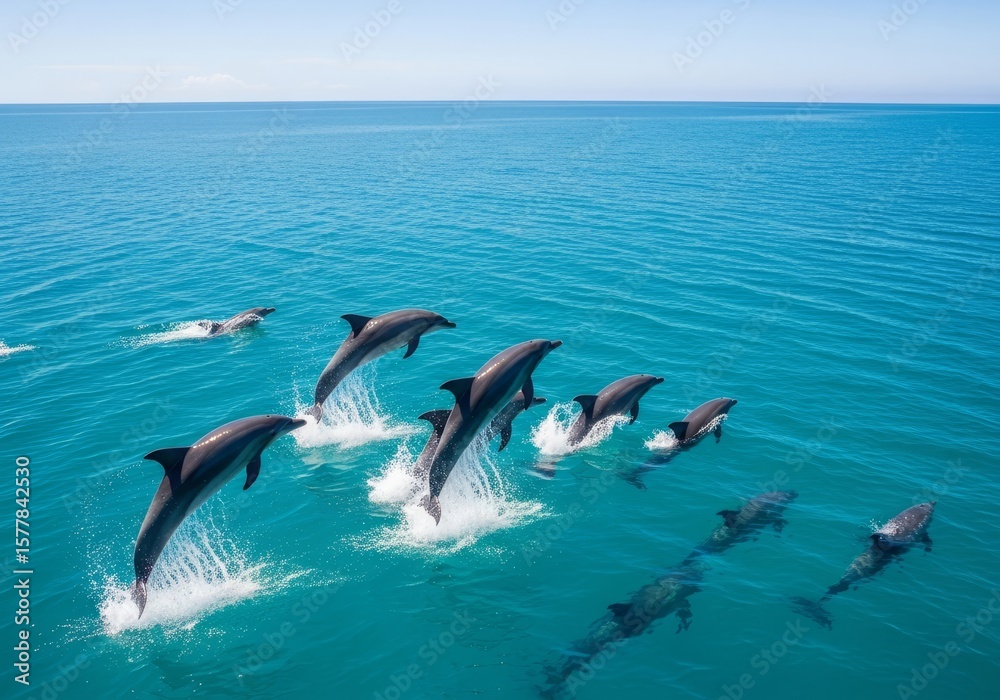 Obraz premium Dolphins Leap Ocean Joy - A pod of dolphins joyfully leaping and swimming in the vast ocean, symbolizing freedom, wildlife, marine life, nature, and adventure