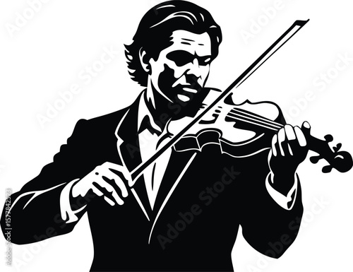 A focused man playing the violin with a bow, creating beautiful music in a performance setting