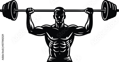 A muscular man performing a barbell overhead press, demonstrating strength and dedication in fitness