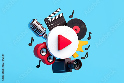 Creative Media and Entertainment Icons with Play Button, Music, Camera, and Microphone on Blue Background
