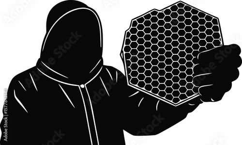 A person in a hooded suit holds a honeycomb, representing beekeeping and the production of honey