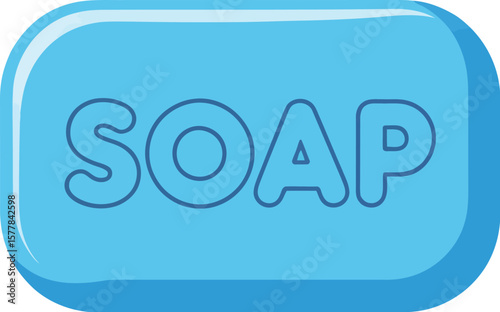 A single bar of blue soap with the word soap written on it against a light blue background design