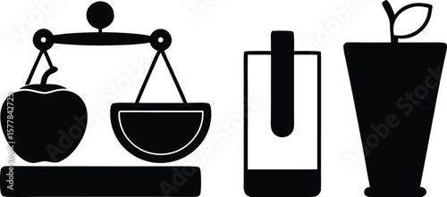 A conceptual illustration showing a scale weighing an apple against a glass and a cup