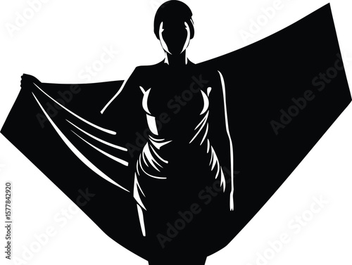 A woman in a dress holds a large piece of fabric, creating a dramatic silhouette on white