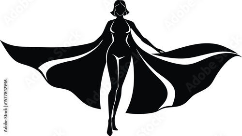 A woman in a flowing cape stands with arms outstretched, a striking silhouette on white