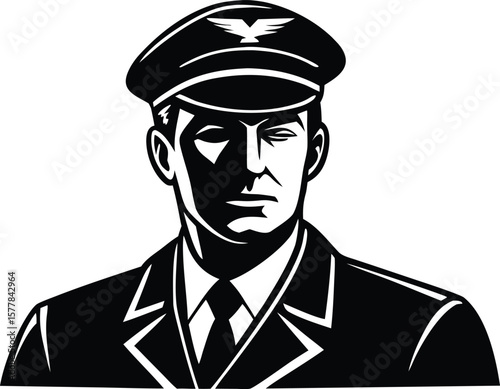 A stern pilot in uniform and hat, rendered in a classic black and white illustration style
