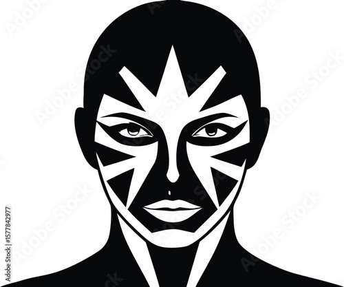 A striking black and white graphic illustration of a person with geometric face paint