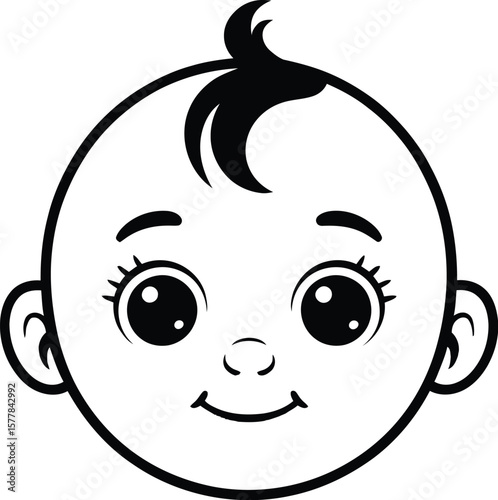 Illustration of a baby face with black hair and rosy cheeks on a light pink background design art