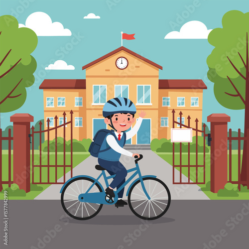 Cheerful Schoolboy Riding Bicycle to School Gate Flat Vector Illustration