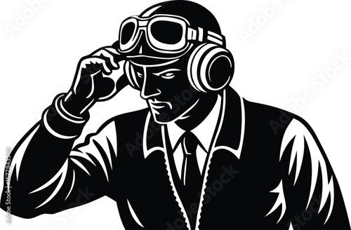 A vintage aviator pilot wearing goggles and headphones, looking determined