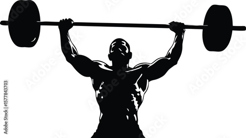 Silhouette of a muscular man lifting a heavy barbell overhead in a powerful pose