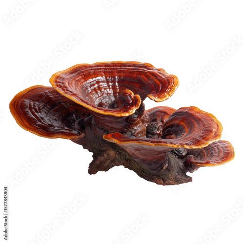 Detailed photograph of reishi mushroom isolated against a transparent background with striking textures