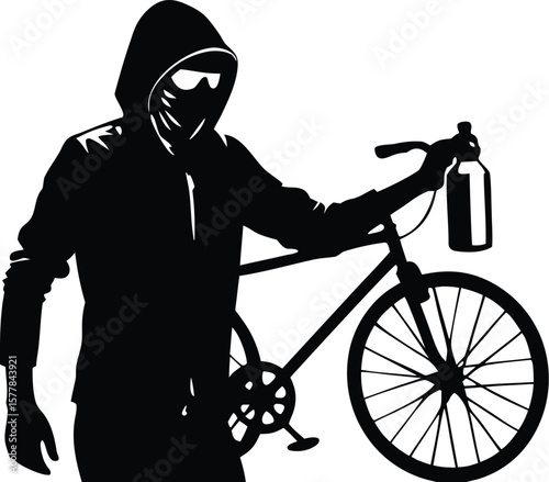 Mysterious figure in a hoodie and mask with a bicycle and spray can, suggesting urban art