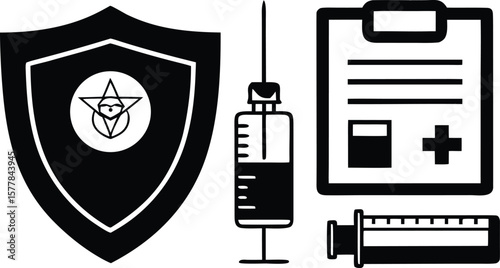 Medical protection symbols including a shield, syringe, and a clipboard with a cross