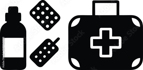 A first aid kit with a medicine bottle and pills, representing health and emergency care