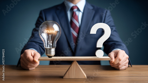 Businessman Weighing Ideas,Lightbulb vs Question Mark on Scale,Businessman weighing ideas and questions,Business person weighing options and decisions,weighing ideas and questions in office,Golden,Ai