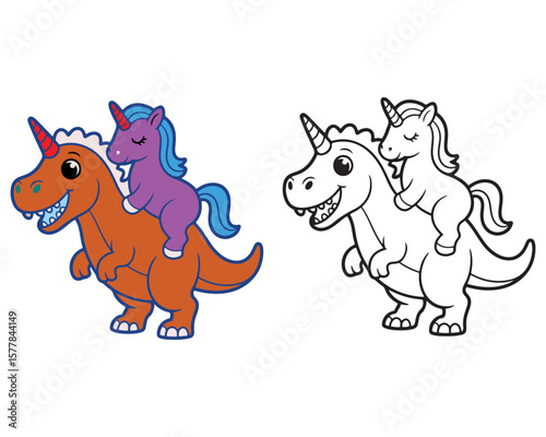 Cartoon Dinosaur and Unicorn Riding Together Vector Illustration