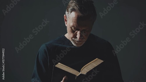 Man with Holy Bible on dark background