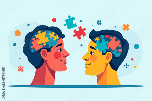 Two people with puzzle pieces, creative mood, representing teamwork, on a light blue background with copy space