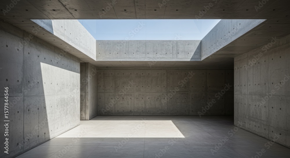 Obraz premium Modern Concrete Room with Skylight - Minimalist interior design, concrete architecture, natural light, open space, clean lines. Symbolizing simplicity, serenity, modernism, elegance, and light