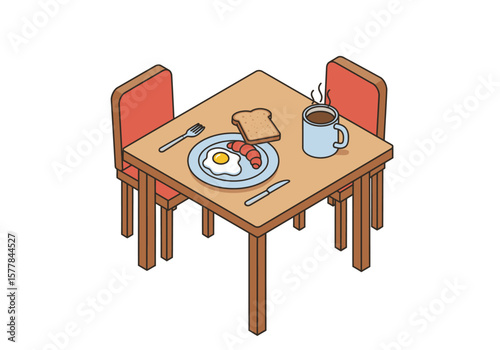 Isometric illustration of a breakfast table setting with food, ready to eat.