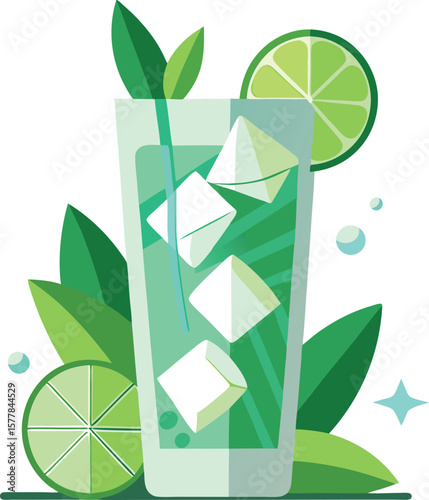 Refreshing Lime and Mint Cocktail with Ice Cubes in a Tall Glass, Summer Drink Illustration, Vibrant Green Theme, Flat...