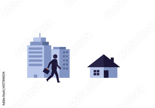 A stylized illustration of a businessman walking from skyscrapers to a small house, representing urban life and the journey home.