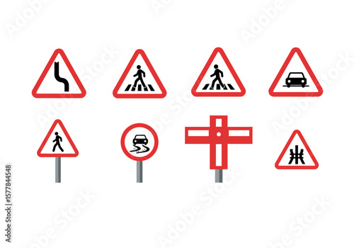 A collection of various red and white road signs indicating warnings and directions.