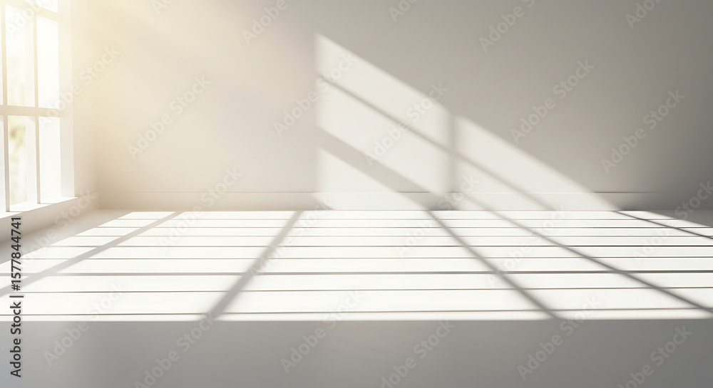 Fototapeta premium Sunlight casts shadows on a white room floor.