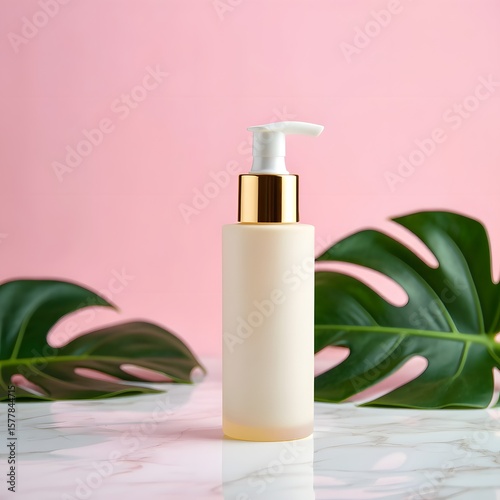 Minimalist Skincare Bottle Mockup on Marble with Tropical Leaves, Pink Background, 3D Rendering, E-commerce Product Presentation