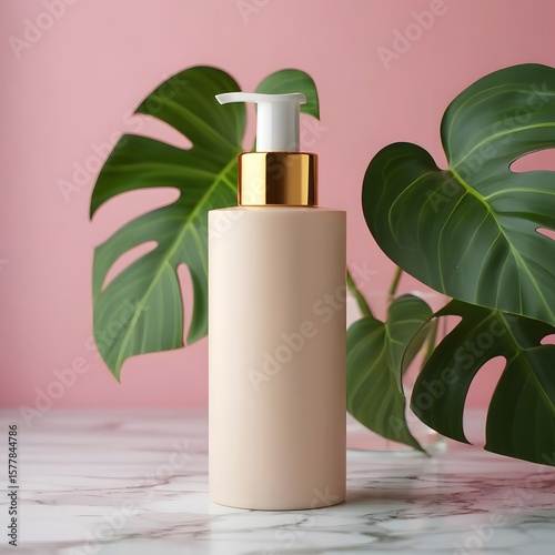 Minimalist Skincare Bottle Mockup on Marble with Tropical Leaves, Pink Background, 3D Rendering, E-commerce Product Presentation