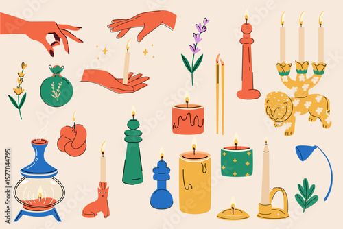 A hand-drawn candle illustrations set.Modern boho-style includes whimsical objects like cat-shaped candles, incense burners, herbal bottles, and candelabras—perfect for spiritual, autumn, or hygge.