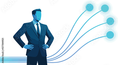 A faceless businessman in a suit stands with hands on hips next to glowing orbs and connecting lines