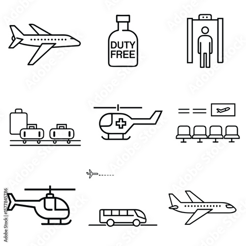 Airport icon set for travel blogs, aviation websites, tourist infographics, mobile apps, airport signage, public service presentations