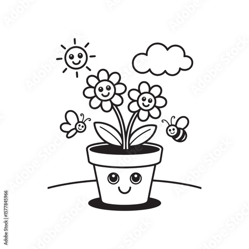 Smiling Flowers in Pot with Sun Cloud Butterfly and Bee vector illustration