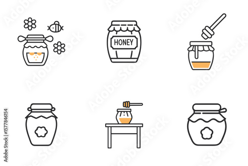Honey and honey jar icon set for organic product blogs, culinary packaging, nature education, sweet illustrations, and label design
