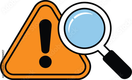 An orange warning sign with an exclamation point and a magnifying glass on a white background image art