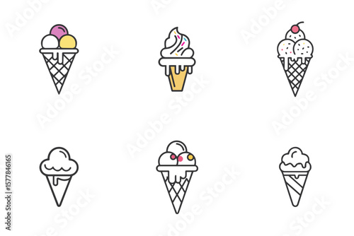 Ice cream cone icon set for dessert blogs, summer menus, sweet shop branding, celebration clipart, party invitations, and seasonal illustrations