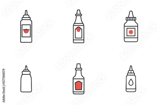 Ketchup bottle icon set for fast food blogs, restaurant menus, packaging designs, culinary clipart, kids’ meals, and snack product presentations
